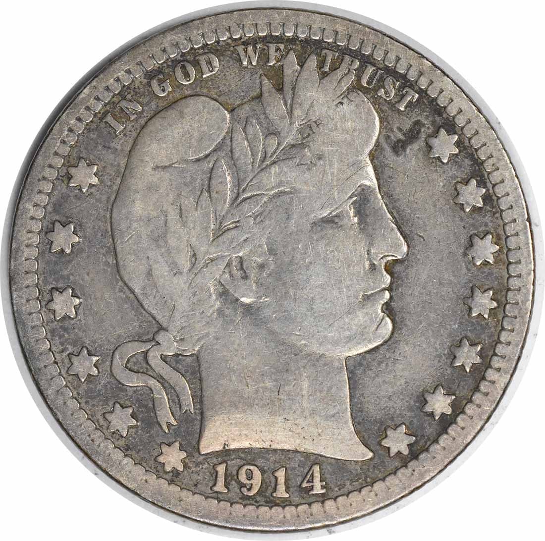 Barber Quarter 1914 San Francisco Mint Fine Grade Uncertified Silver Coin: Barber Quarter 1914 San Francisco Mint Fine Grade Uncertified Silver Coin This 1914-S Barber Quarter is a circulated coin from the United States, minted in San Francisco. Designed by Charles E. Barber