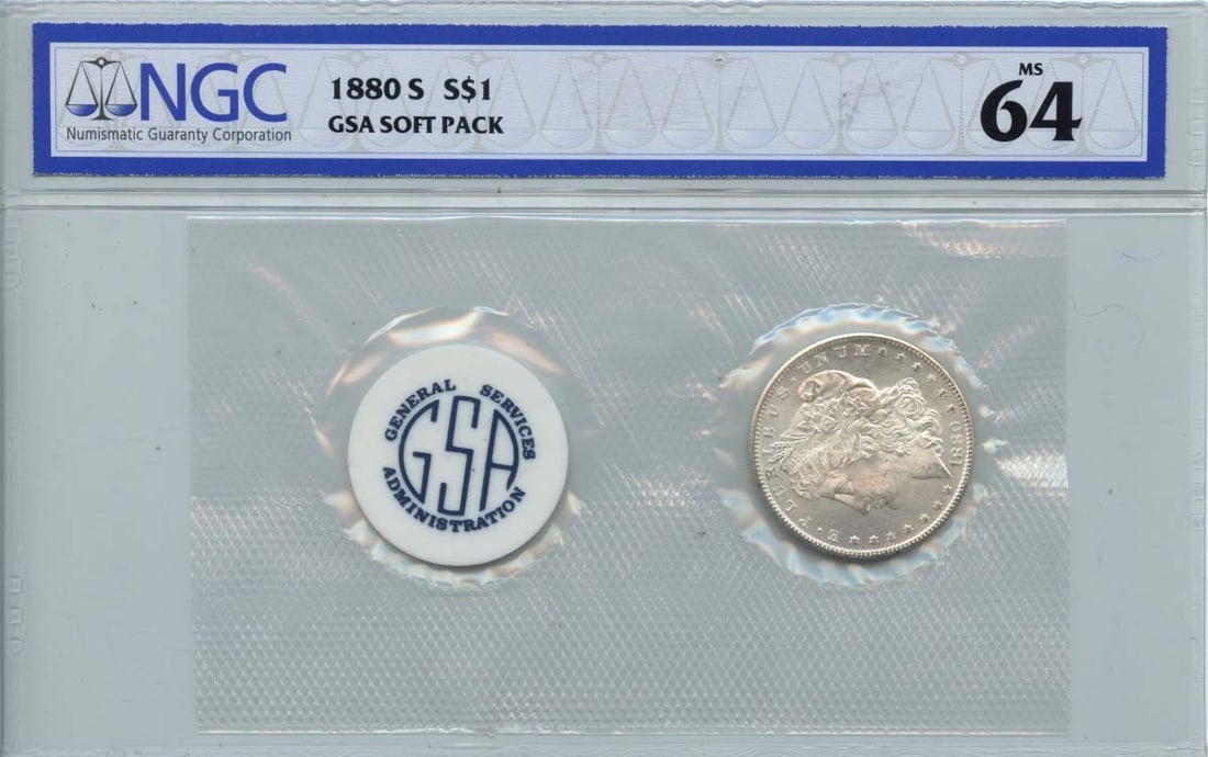 NGC MS64 1880 San Francisco Morgan Silver Dollar GSA Soft Pack: NGC MS64 1880 San Francisco Morgan Silver Dollar GSA Soft Pack This 1880-S Morgan Dollar is presented in a GSA soft pack and has been certified by NGC with a grade of MS64. Struck at the San Francisco