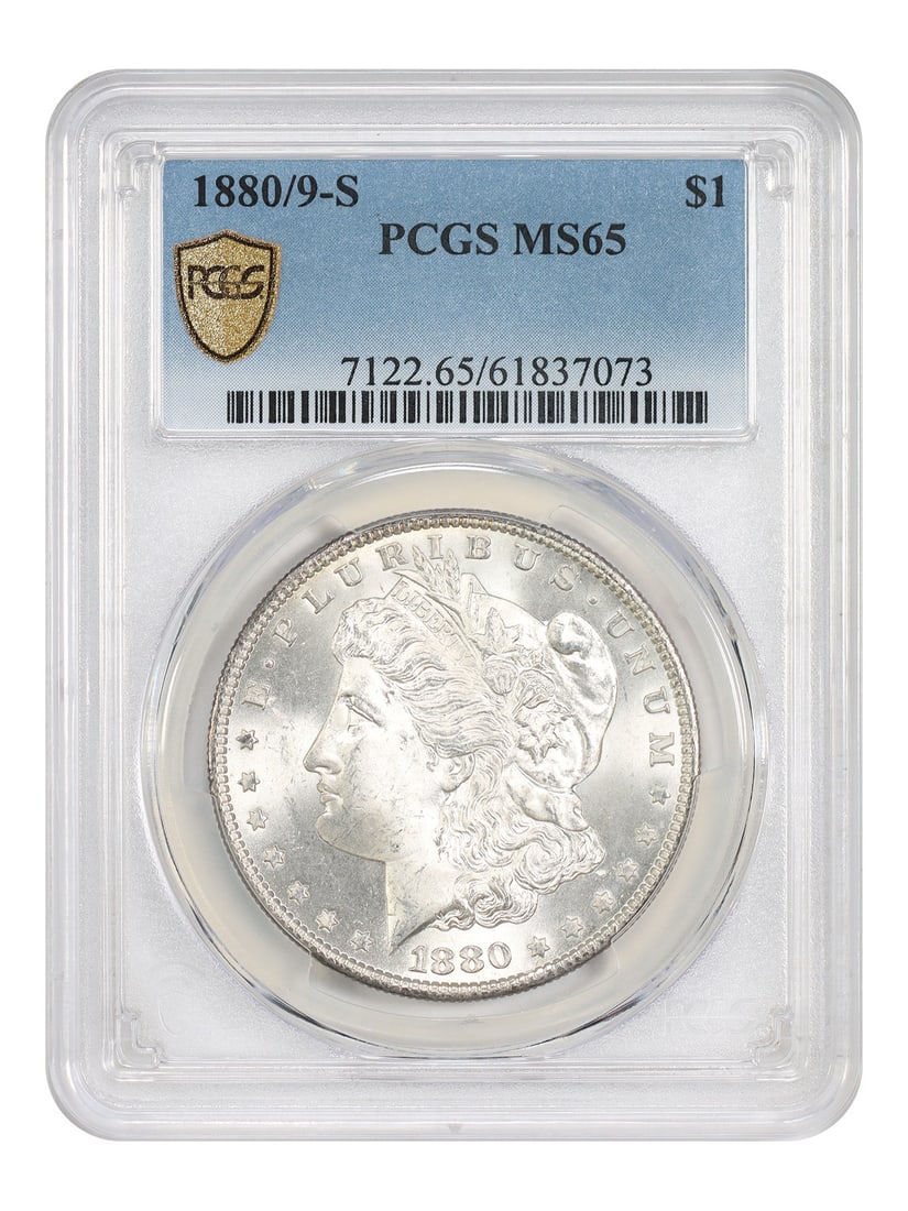 1880 S Overdate Morgan Dollar PCGS MS65: 1880 S Overdate Morgan Dollar PCGS MS65 This 1880/9-S Morgan Dollar is a popular overdate variety, certified by PCGS. It features the distinctive underlying 9 digit within the loop of the last digit i