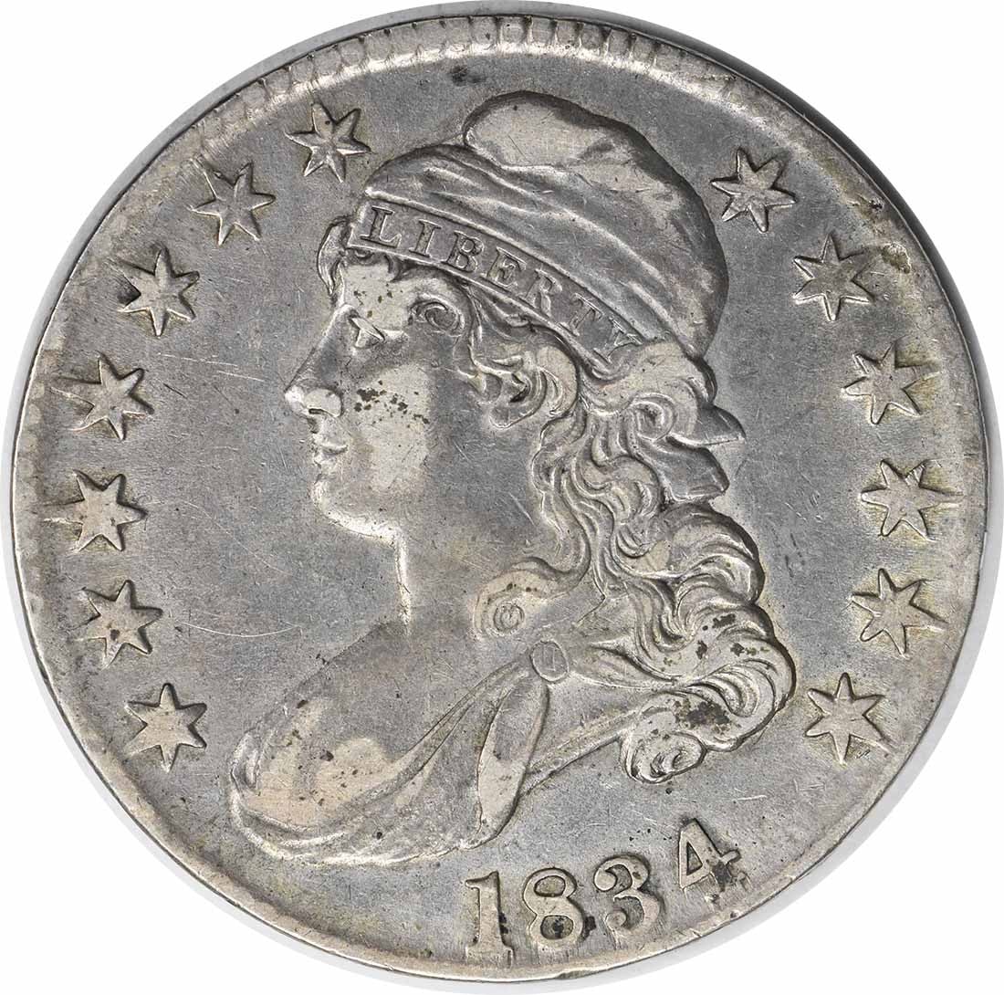 1834 Bust Silver Half Dollar 50C Large Date Small Letters Uncertified: 1834 Bust Silver Half Dollar 50C Large Date Small Letters Uncertified This 1834 Bust Silver Half Dollar features a large date and small letters, showcasing the artistry of designer John Reich. Struck 
