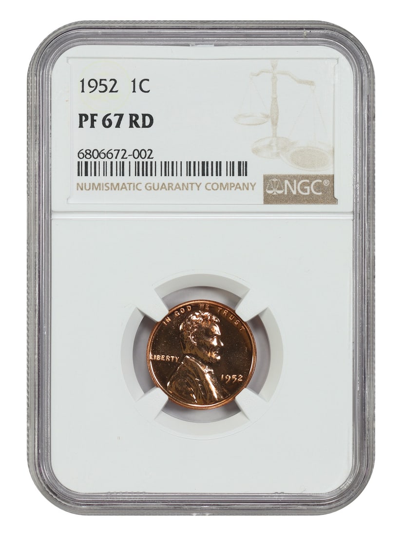 1952 Lincoln Wheat Reverse Cent NGC PR67RD: 1952 Lincoln Wheat Reverse Cent NGC PR67RD This 1952 Lincoln Cent features the Wheat Reverse design and has been graded PR67RD by NGC, indicating a high-quality red proof coin. Struck in Philadelphia,