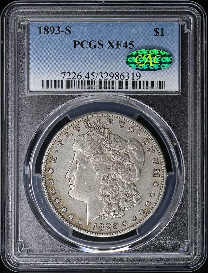 1893-S Morgan Dollar PCGS XF45 CAC: 1893-S Morgan Dollar PCGS XF45 CAC This 1893-S Morgan Dollar is graded XF45 by PCGS and features the CAC designation, indicating quality within its grade. Struck in San Francisco, this circulated coin
