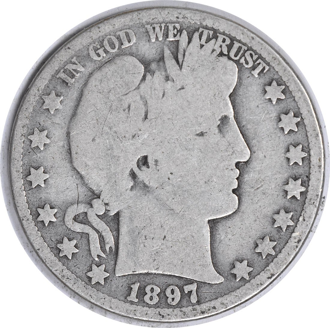 1897-O Barber Half Dollar 50C Silver Coin Uncertified AG Grade: 1897-O Barber Half Dollar 50C Silver Coin Uncertified AG Grade This 1897-O Barber Silver Half Dollar is a historic piece minted in New Orleans, featuring the iconic design by Charles E. Barber. The co