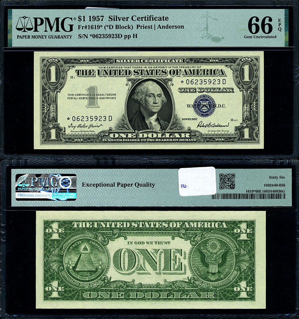 1957 $1 Silver Certificate FR 1619* D Block PMG CU66 EPQ Gem: 1957 $1 Silver Certificate FR 1619* D Block PMG CU66 EPQ Gem This is a $1 1957 Silver Certificate from the *-D Block, graded as Gem CU66 EPQ by PMG. This certificate showcases excellent paper quality 