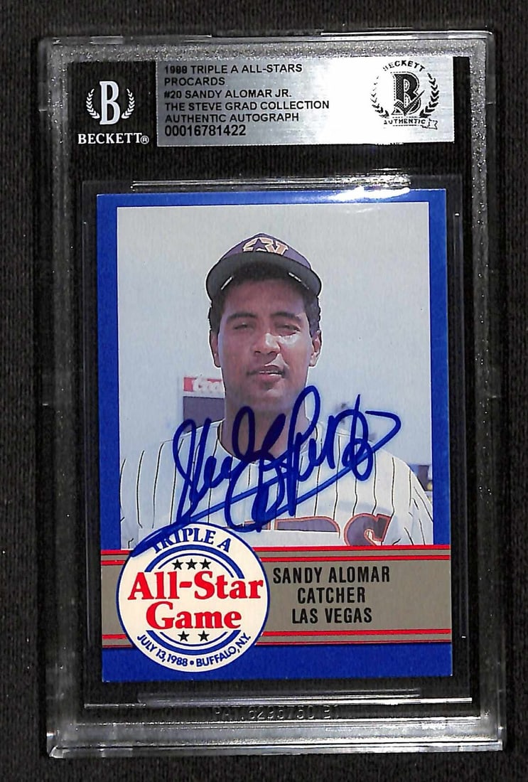 Sandy Alomar Jr. 1988 Triple A All-Stars Signed Rookie Card Beckett Authenticated: Sandy Alomar Jr. 1988 Triple A All-Stars Signed Rookie Card Beckett Authenticated Celebrate a piece of baseball history with this autographed 1988 Triple A All-Stars Pro Cards #20 trading card, featur