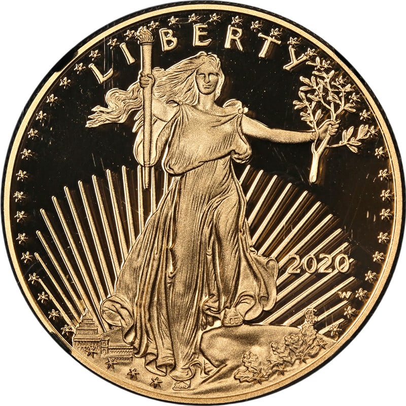 NGC PF70 Ultra Cameo 2020-W $50 Gold American Eagle Black Core: NGC PF70 Ultra Cameo 2020-W $50 Gold American Eagle Black Core This 2020-W Gold American Eagle $50 coin is an uncirculated piece graded by NGC as PF70 Ultra Cameo with the Early Releases designation. 