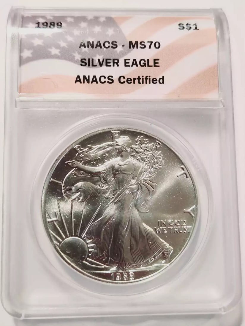 1989 P Silver Eagle ANACS MS 70 Uncirculated Coin: 1989 P Silver Eagle ANACS MS 70 Uncirculated Coin This 1989 P Silver Eagle coin is certified by ANACS with a perfect grade of MS-70, indicating it is in uncirculated condition. Struck in silver at the