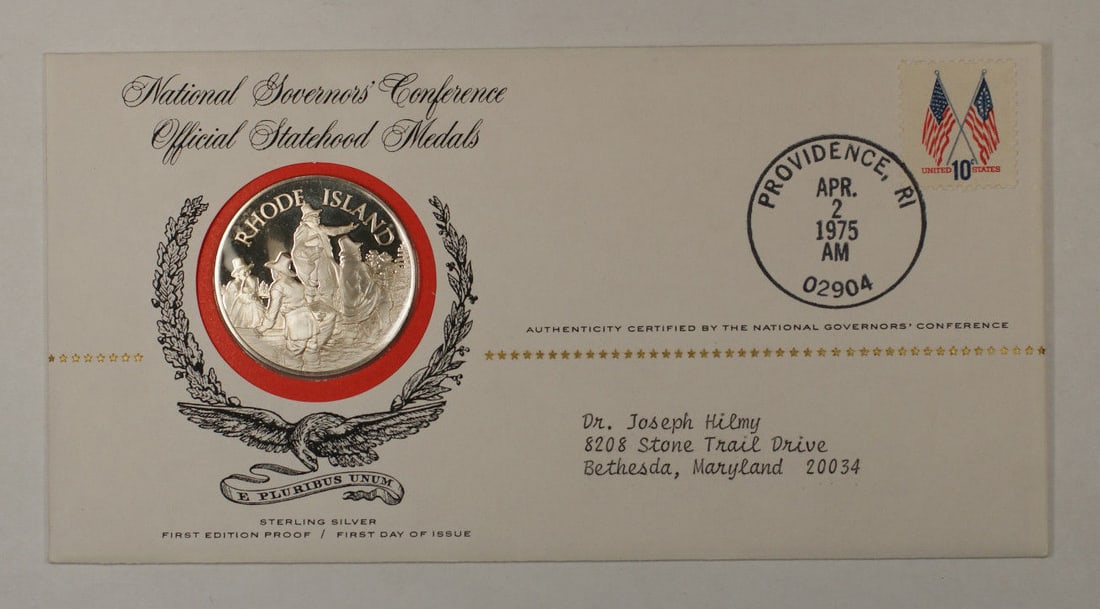 Rhode Island 1975 Sterling Silver Commemorative Medal by Franklin Mint: Rhode Island 1975 Sterling Silver Commemorative Medal by Franklin Mint This 1975 Postmasters of America commemorative silver medal honors the State of Rhode Island. Struck in 0.925 sterling silver by 