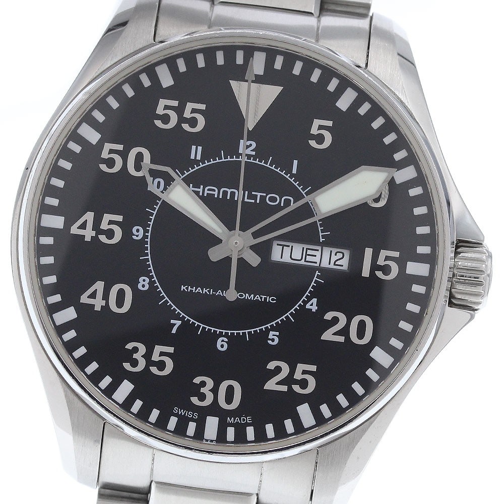 Hamilton Khaki Pilot automatic day date men's wristwatch: Hamilton Khaki Pilot automatic day date men's wristwatch This Hamilton Khaki Pilot Day Date men's wristwatch features a stainless steel case and band, complemented by a black dial. The automatic movem