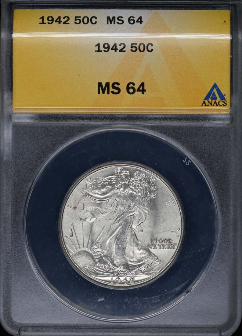 1942 Walking Liberty Half Dollar ANACS MS64 Certified Coin: 1942 Walking Liberty Half Dollar ANACS MS64 Certified Coin This 1942 Walking Liberty Half Dollar is certified by ANACS with a grade of MS64, indicating it is in uncirculated condition. Minted in Phila