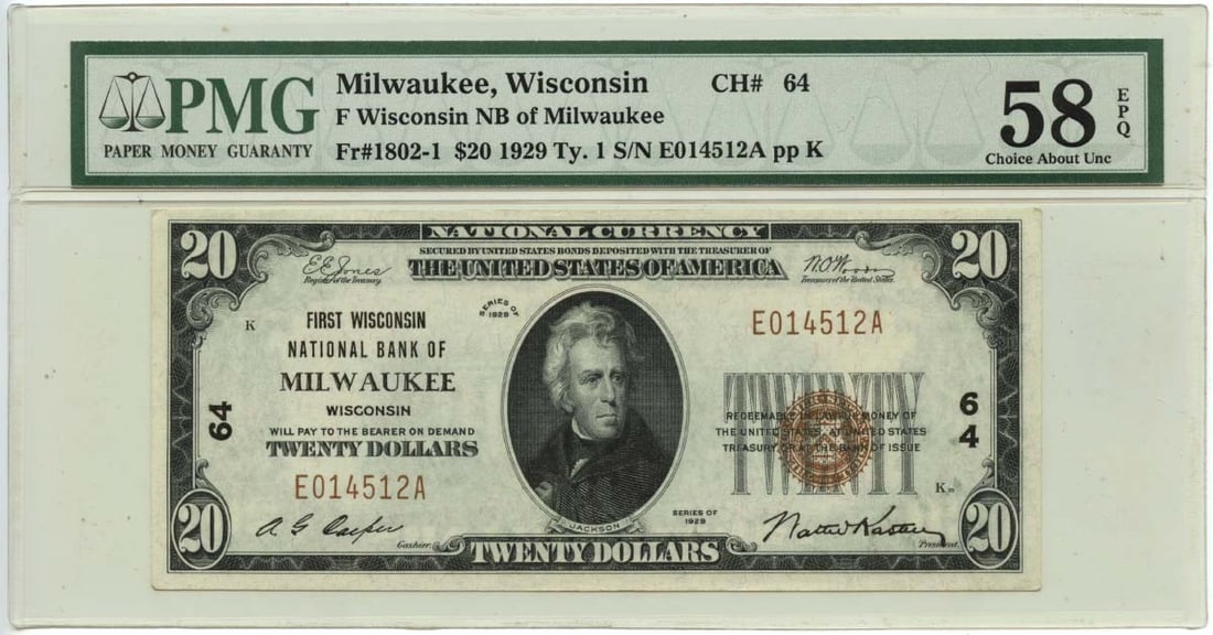 1929 $20 First Wisconsin NB Milwaukee FR1802-1 PMG AU58 EPQ: 1929 $20 First Wisconsin NB Milwaukee FR1802-1 PMG AU58 EPQ This 1929 $20 National Currency note from the First Wisconsin National Bank of Milwaukee is graded AU58 by PMG. It is a circulated note and 