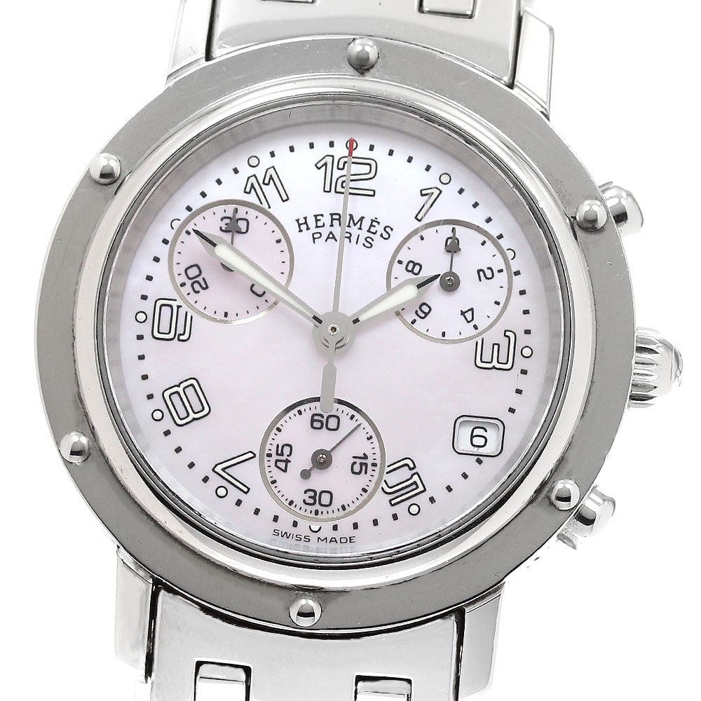 Hermes Clipper Chrono Date Quartz Stainless Steel Women's Watch CL1.310: Hermes Clipper Chrono Date Quartz Stainless Steel Women's Watch CL1.310 This Hermes Clipper Chrono Date Quartz women's wristwatch features a stainless steel case and bracelet with a pink shell dial. T