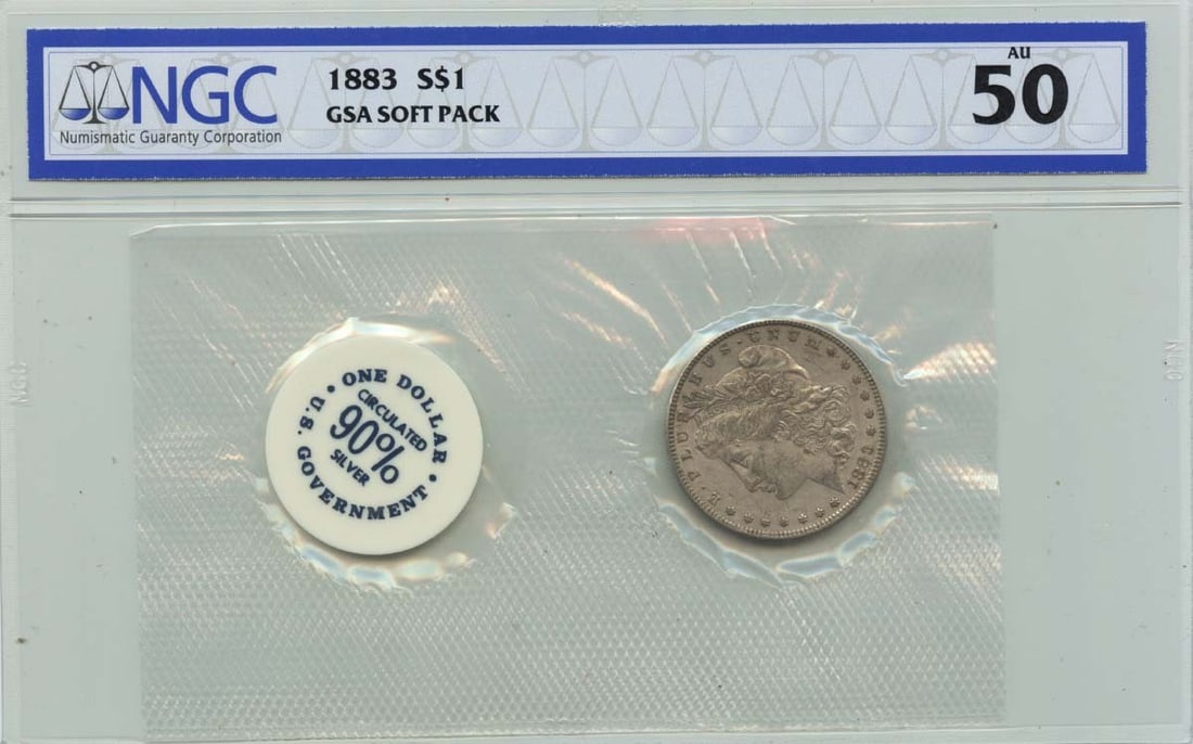 1883 Morgan Silver Dollar Soft Pack NGC AU50 Philadelphia Mint: 1883 Morgan Silver Dollar Soft Pack NGC AU50 Philadelphia Mint This 1883 Morgan Dollar is certified by NGC with an AU50 grade and comes in a GSA soft pack. Minted in Philadelphia, it is a circulated c
