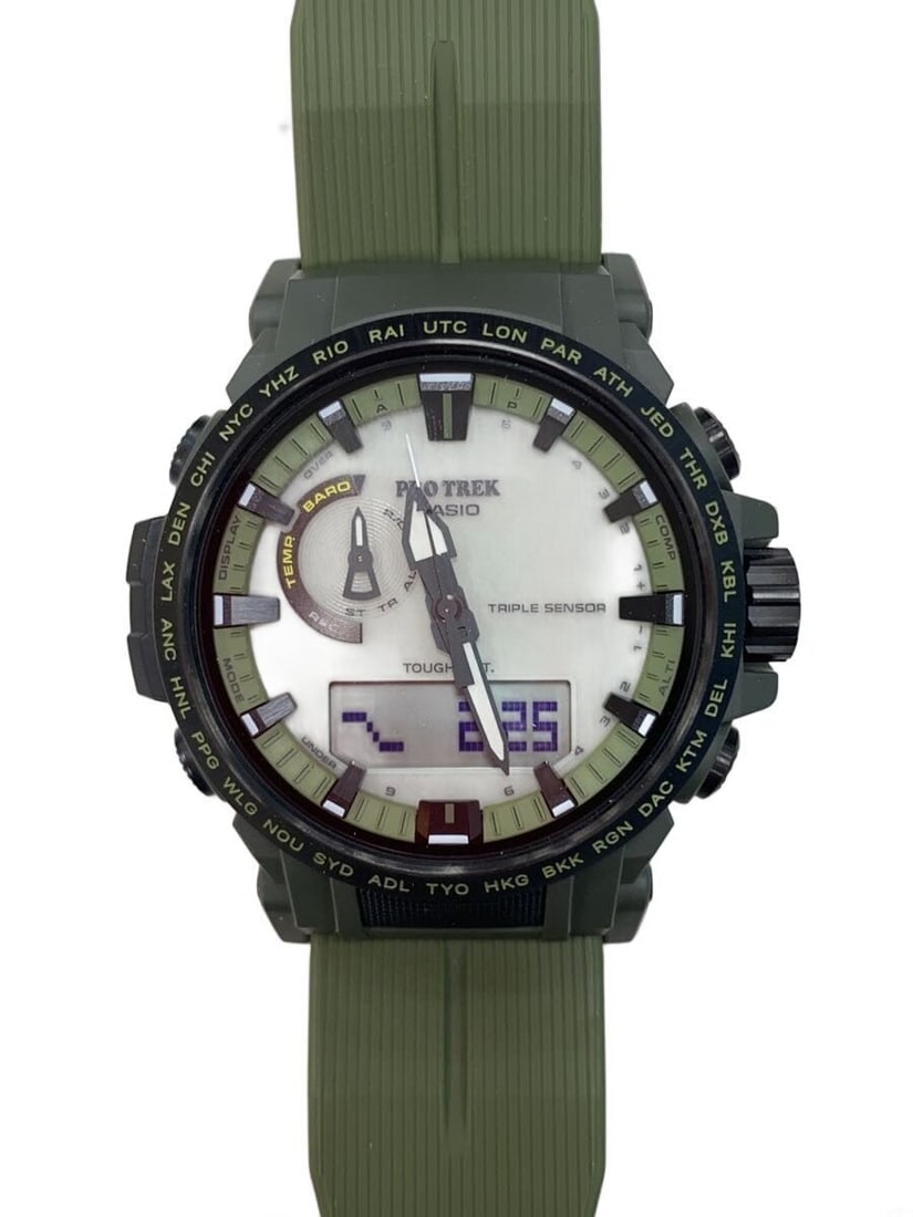 Casio Pro Trek PRW-61LD-3JF Khaki Rubber Wristwatch: Casio Pro Trek PRW-61LD-3JF Khaki Rubber Wristwatch This CASIO PRO TREK PRW-61LD-3JF men's wristwatch features a khaki-colored rubber band and case. Made in Japan, the watch is designed for durability