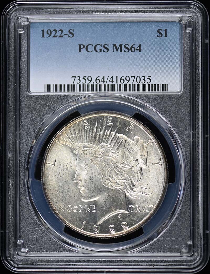 1922-S Peace Dollar PCGS MS64 San Francisco Uncirculated: 1922-S Peace Dollar PCGS MS64 San Francisco Uncirculated This 1922-S Peace Dollar, graded MS64 by PCGS, is an uncirculated coin featuring the iconic design that symbolizes peace. Minted in San Francis