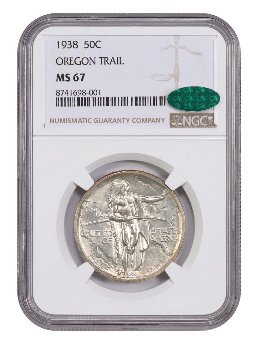 1938 Oregon 50C NGC CAC MS67 Silver Commemorative: 1938 Oregon 50C NGC CAC MS67 Silver Commemorative This 1938 Oregon 50-cent coin is a classic silver commemorative from the Philadelphia Mint. Graded MS67 by NGC and featuring CAC approval, it is an un