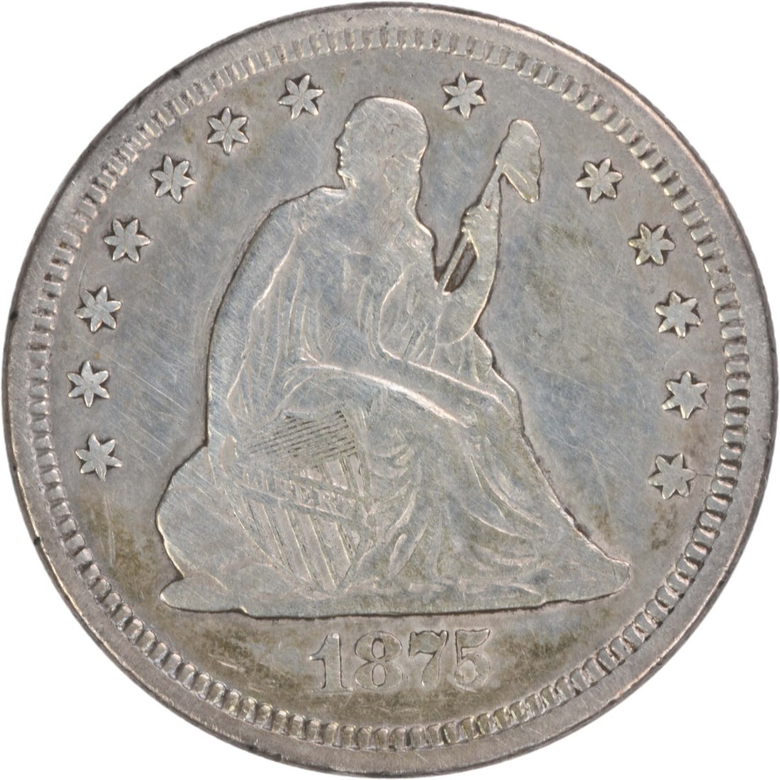 1875 San Francisco Seated Liberty Quarter Silver EF Grade Uncertified: 1875 San Francisco Seated Liberty Quarter Silver EF Grade Uncertified This is an 1875-S Liberty Seated Quarter from the United States, featuring the Seated Liberty design. The coin is circulated and i