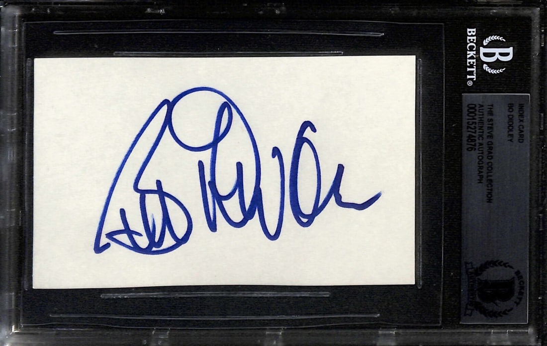 Bo Diddley Signed 3x5 Index Card Beckett Authenticated: Bo Diddley Signed 3x5 Index Card Beckett Authenticated This autographed 3x5 index card features the signature of music legend Bo Diddley, the iconic guitarist and singer known for his influential cont