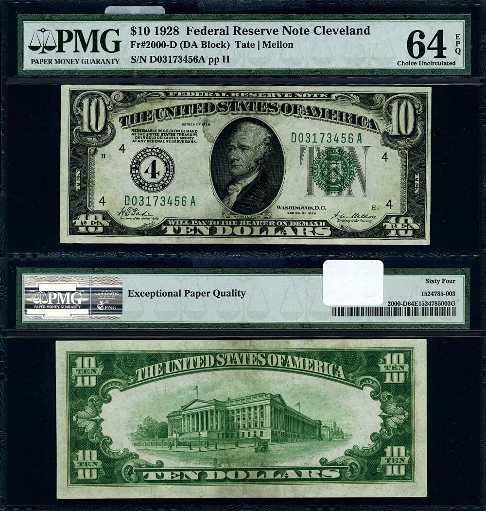1928 $10 Federal Reserve Note Cleveland D-A Block PMG CU64 EPQ: 1928 $10 Federal Reserve Note Cleveland D-A Block PMG CU64 EPQ This 1928 Federal Reserve Note from Cleveland is a $10 denomination and is graded as Choice CU64 EPQ by PMG, showcasing excellent paper q