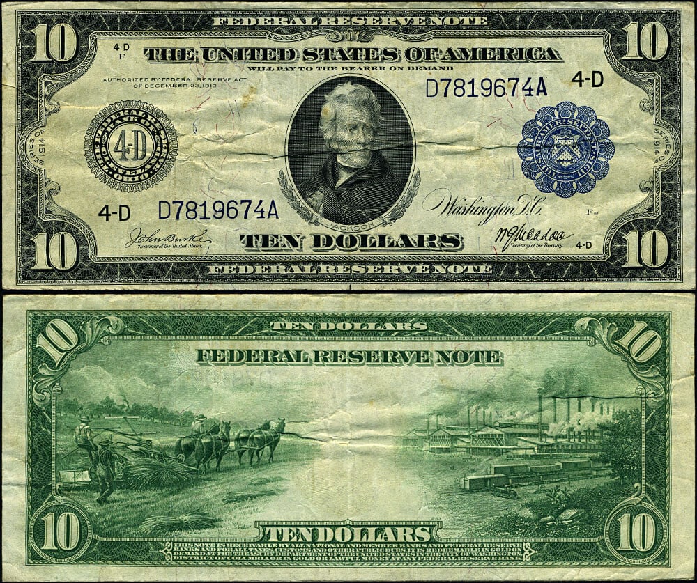 $10 Federal Reserve Note 1914 Cleveland VF Plus Fr. 916: $10 Federal Reserve Note 1914 Cleveland VF Plus Fr. 916 This is a 1914 $10 Federal Reserve Note from Cleveland, cataloged as FR. 916. The note is in circulated condition with a VF+ (Very Fine Plus) gr