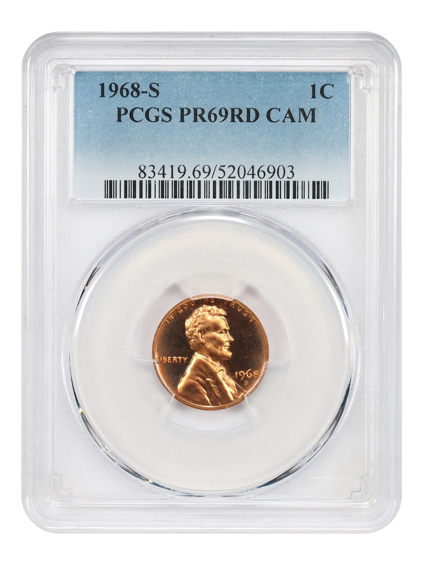 1968-S Lincoln Cent PCGS PR69RD Cameo: 1968-S Lincoln Cent PCGS PR69RD Cameo This is a 1968-S Lincoln Cent, graded PR69RD CAM by PCGS. The coin was minted in San Francisco and is part of the modern Lincoln Cent series. It is in pre-owned c