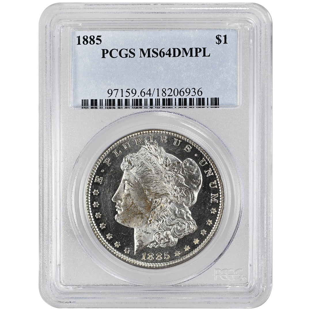 1885 Morgan Silver Dollar PCGS MS64DMPL Philadelphia: 1885 Morgan Silver Dollar PCGS MS64DMPL Philadelphia This 1885 Morgan Dollar is an uncirculated coin from the United States, struck at the Philadelphia Mint. It features a Deep Mirror Proof-Like (DMPL