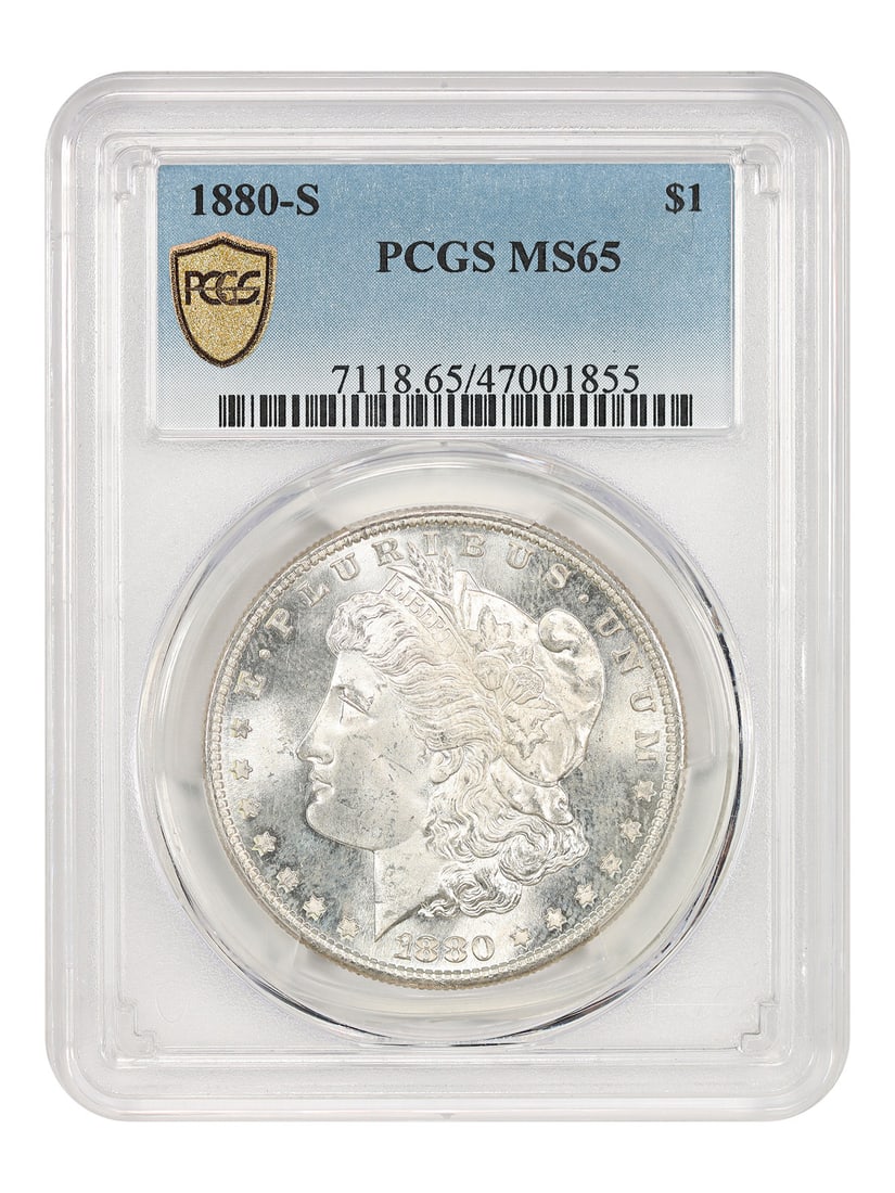 PCGS MS65 1880-S Morgan Silver Dollar: PCGS MS65 1880-S Morgan Silver Dollar This 1880-S Morgan Dollar is graded MS65 and certified by PCGS. Struck in San Francisco, it is an uncirculated coin from a popular collector date in the Morgan do