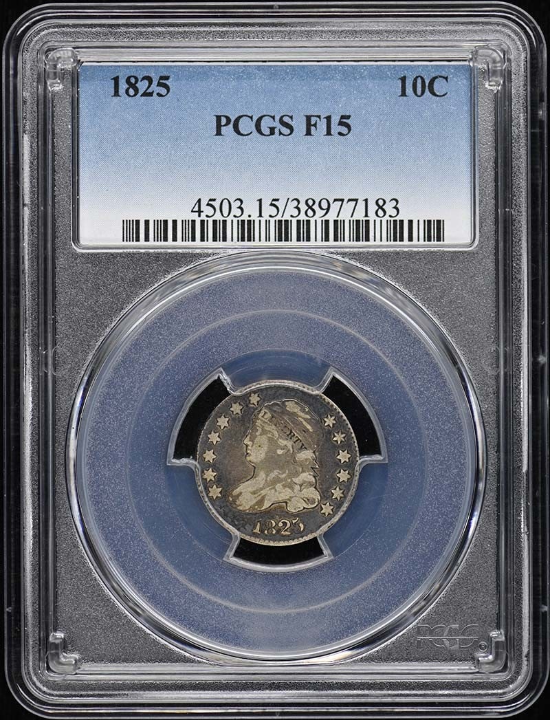 PCGS F15 1825 Philadelphia Capped Bust 10C Dime: PCGS F15 1825 Philadelphia Capped Bust 10C Dime This 1825 Capped Bust Dime has been graded F15 by PCGS and is a circulated coin. Minted in Philadelphia, it features the classic Capped Bust design and 