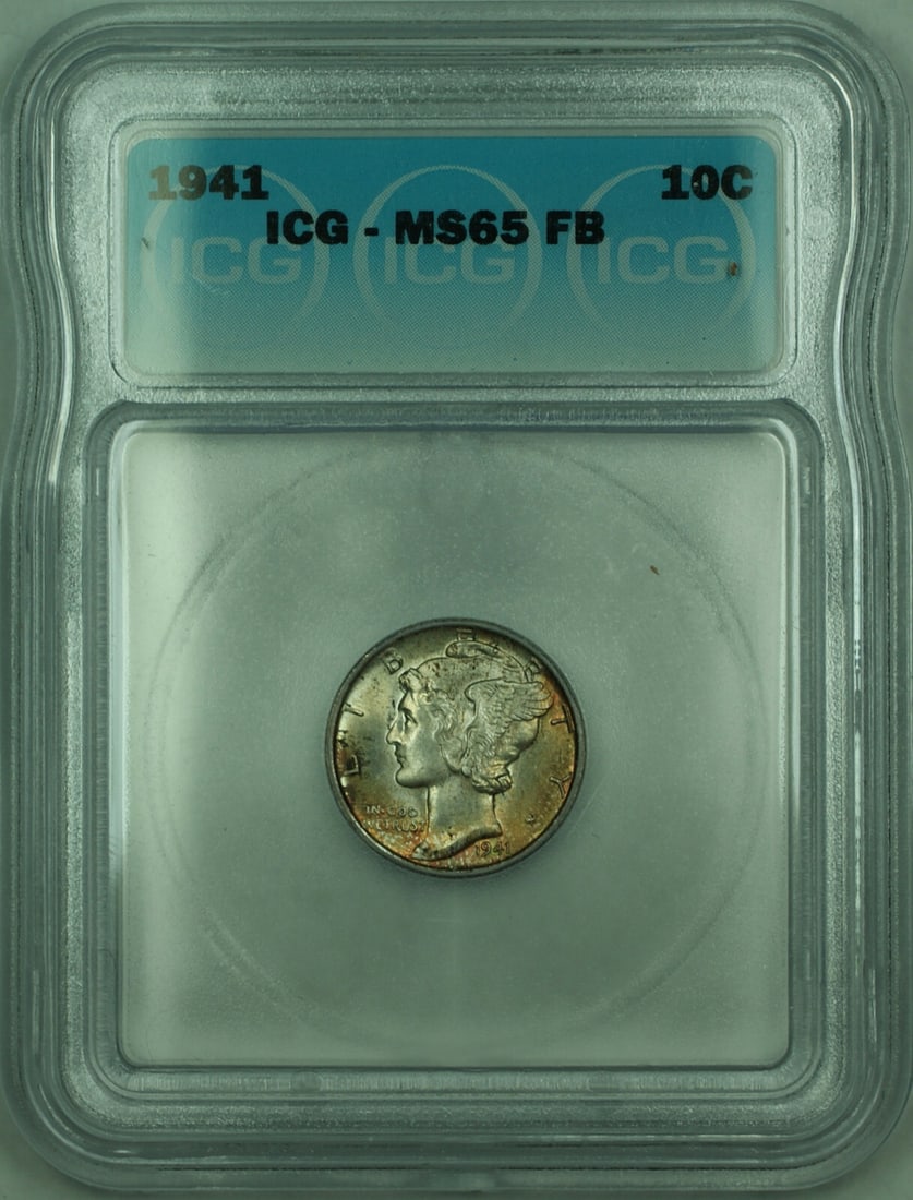 1941 Silver 10 Cent Mercury Dime ICG MS65 Full Bands Toned: 1941 Silver 10 Cent Mercury Dime ICG MS65 Full Bands Toned This 1941 Mercury Silver Dime features a denomination of 10 cents and is composed of 90% silver. Graded MS-65 with Full Bands by ICG, the coi