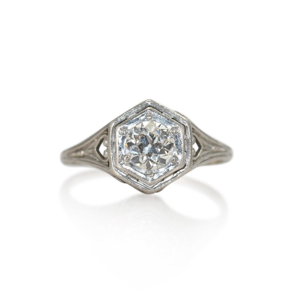 Art Deco Platinum Diamond Ring 0.40 ct Size 3.75: Art Deco Platinum Diamond Ring 0.40 ct Size 3.75 This Art Deco ring features a Euro cut diamond with an approximate weight of 0.40 carats, set in a platinum and iridium blend. The diamond displays a c