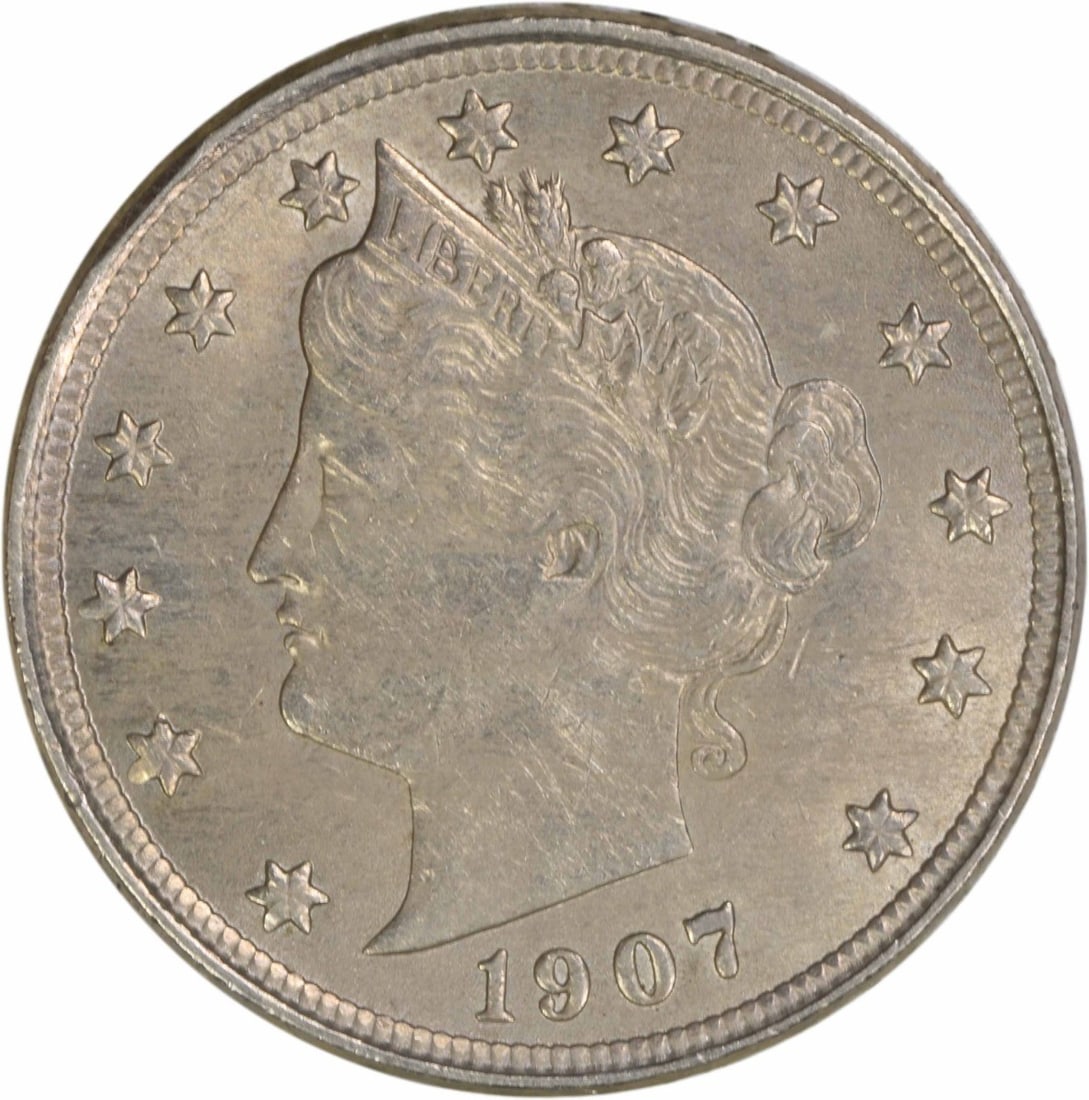 Uncirculated 1907 Liberty Nickel Five Cent Coin Uncertified BU: Uncirculated 1907 Liberty Nickel Five Cent Coin Uncertified BU This is a 1907 Liberty Nickel featuring a Brilliant Uncirculated (BU) grade. The coin is uncertified and was minted without a mint mark. 