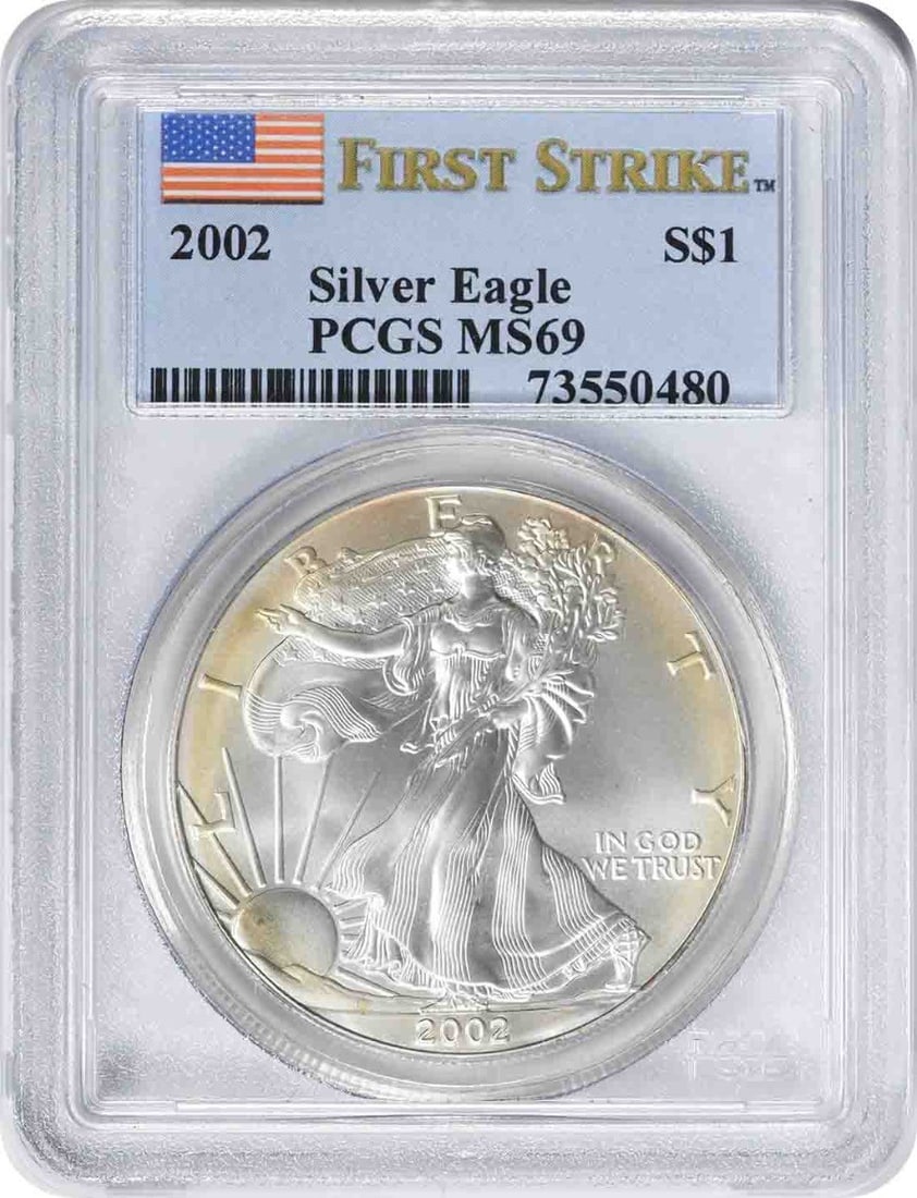 PCGS MS69 2002 American Silver Eagle Dollar: PCGS MS69 2002 American Silver Eagle Dollar This 2002 $1 American Silver Eagle is graded MS69 by PCGS and features the First Strike designation. Struck at the U.S. Mint, this coin contains 1 troy ounc