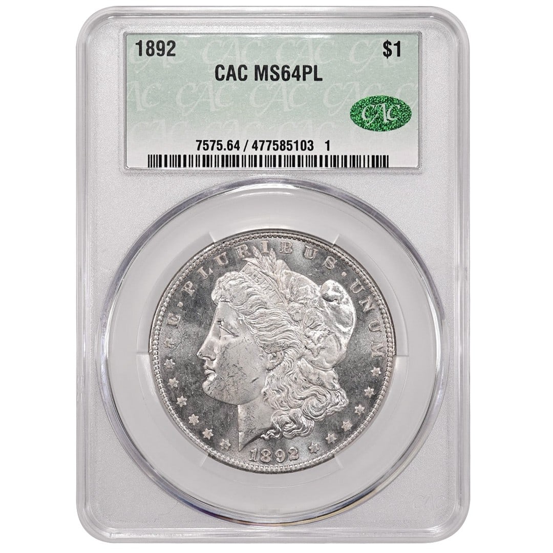 1892 Morgan Silver Dollar CACG MS64PL Proof-Like Philadelphia: 1892 Morgan Silver Dollar CACG MS64PL Proof-Like Philadelphia This 1892 Morgan Dollar is an uncirculated coin from the United States, featuring a proof-like strike. It is composed of silver and was mi