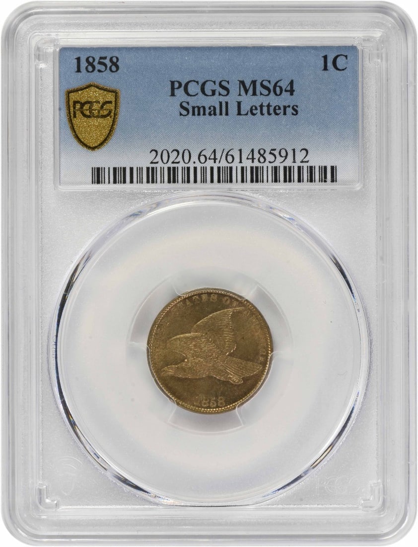 Flying Eagle 1858 Small Letters Cent Graded MS64 by PCGS: Flying Eagle 1858 Small Letters Cent Graded MS64 by PCGS This 1858 Flying Eagle Cent features the Small Letters variety and is graded MS64 by PCGS. Struck at the Philadelphia Mint, the coin is compose