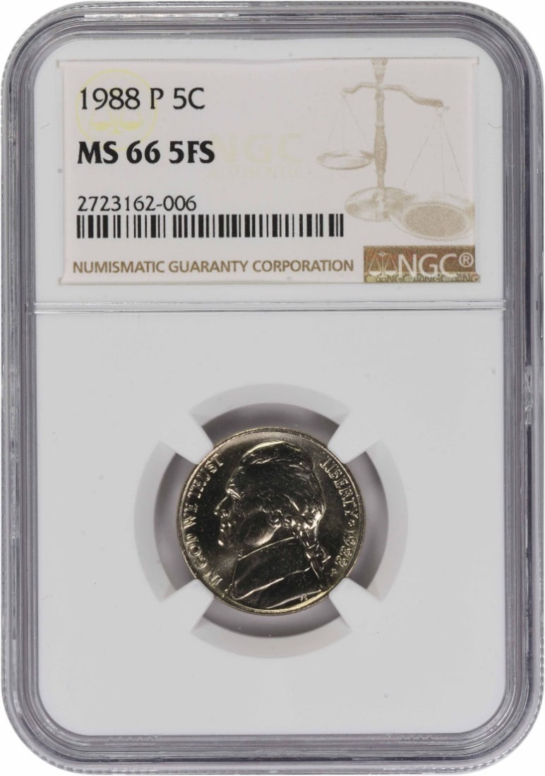 NGC MS66 1988 Philadelphia Jefferson Five Cent Coin 5FS: NGC MS66 1988 Philadelphia Jefferson Five Cent Coin 5FS This 1988-P Jefferson Nickel has been graded MS66 with 5 Full Steps by NGC. Struck at the Philadelphia Mint, it features a composition of 75% co