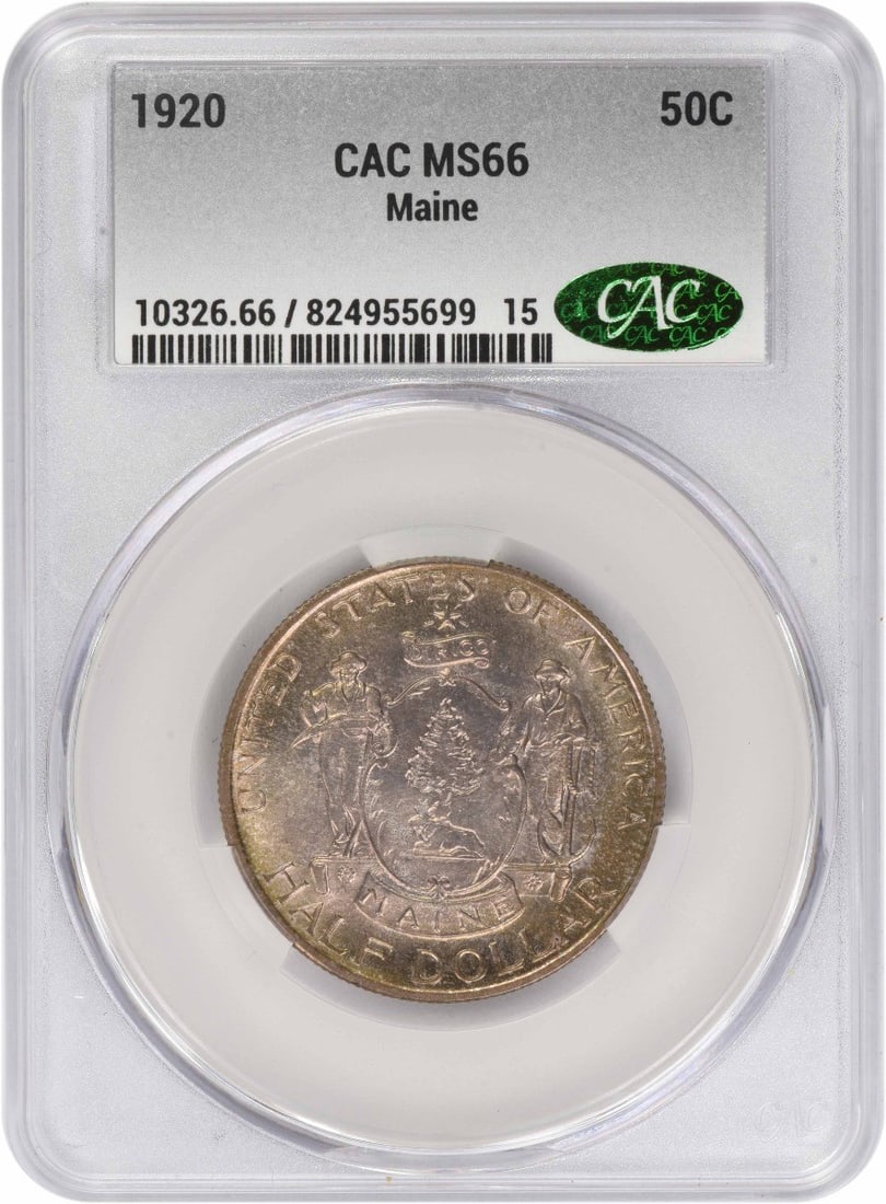 1920 Maine Half Dollar MS66 Commemorative Silver Coin CACG Certified: 1920 Maine Half Dollar MS66 Commemorative Silver Coin CACG Certified This Maine Commemorative Half Dollar from 1920 is a pre-owned, uncirculated coin certified by CACG with a grade of MS66. Minted in 