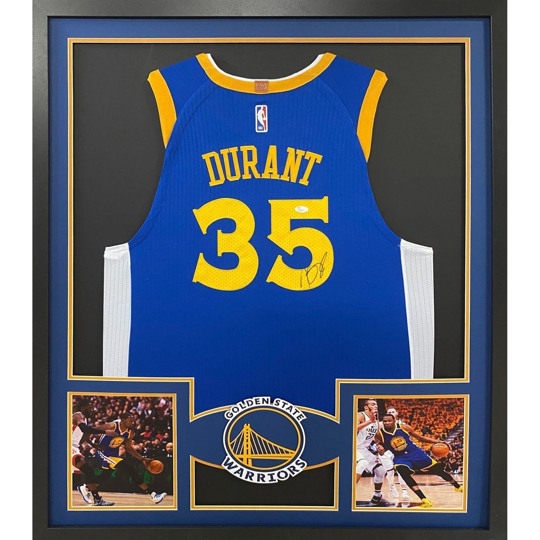 Kevin Durant Autographed Framed Jersey Golden State Warriors JSA Certified: Kevin Durant Autographed Framed Jersey Golden State Warriors JSA Certified This autographed Kevin Durant jersey is beautifully framed, showcasing the Golden State Warriors logo with exceptional attent