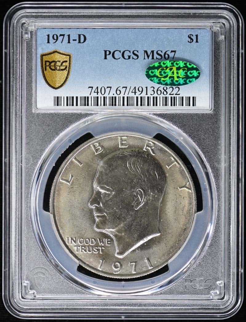 1971-D Ike Dollar Type 1 Clad PCGS MS67 CAC Certified: 1971-D Ike Dollar Type 1 Clad PCGS MS67 CAC Certified This 1971-D Ike Dollar is a remarkable piece of numismatic history, certified by PCGS with a grade of MS67, indicating it is in exceptional uncirc