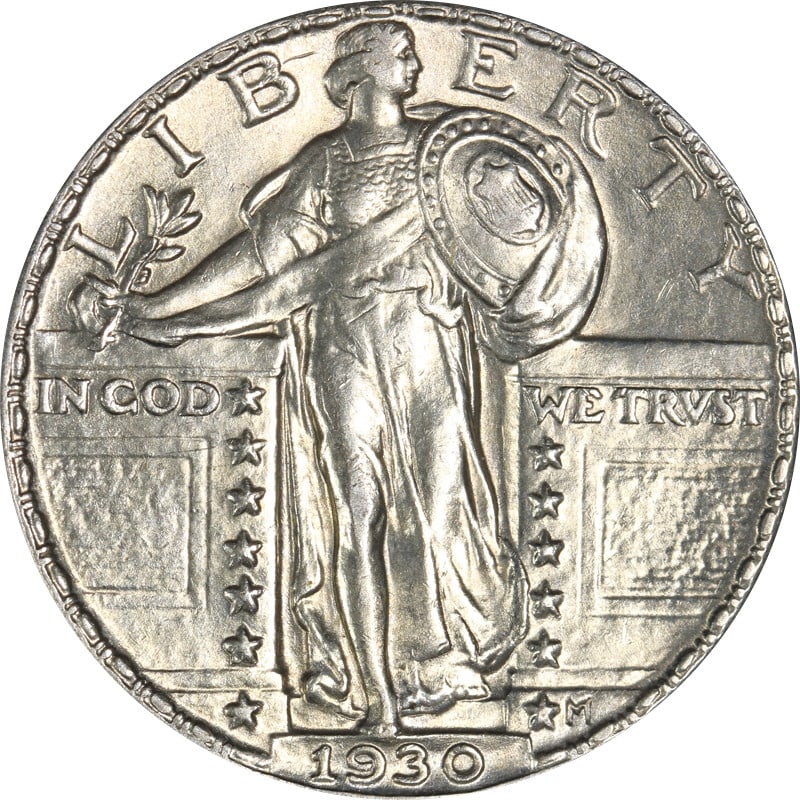 1930 P Silver Standing Liberty Quarter: 1930 P Silver Standing Liberty Quarter This 1930 Standing Liberty Quarter was minted in Philadelphia and is composed of 90% silver. The coin is circulated and remains uncertified. It originates from t