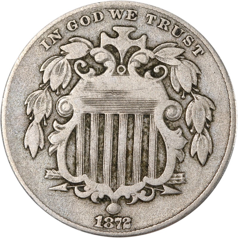 United States 1872 Nickel Five Cent Shield Coin Circulated: United States 1872 Nickel Five Cent Shield Coin Circulated This is an 1872 Shield Nickel from the United States. The coin is composed of nickel and has been circulated. It is uncertified and in pre-ow