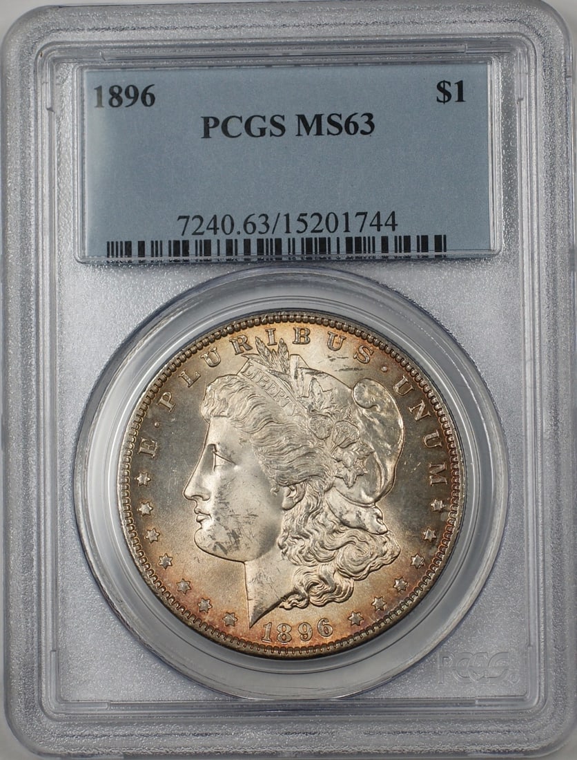 PCGS MS63 1896 Morgan silver dollar toned: PCGS MS63 1896 Morgan silver dollar toned This 1896 Morgan Silver Dollar is an uncirculated coin graded MS-63 by PCGS. It features attractive toning and was minted in Philadelphia. The coin is compose