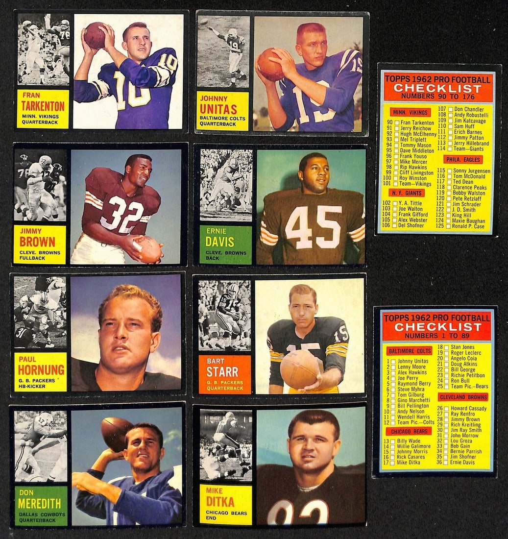 Complete 1962 Topps Football Card Set With 176 Cards Including Stars: Complete 1962 Topps Football Card Set With 176 Cards Including Stars This is a complete 1962 Topps Football card set, featuring all 176 cards from the season. The set includes notable players such as 