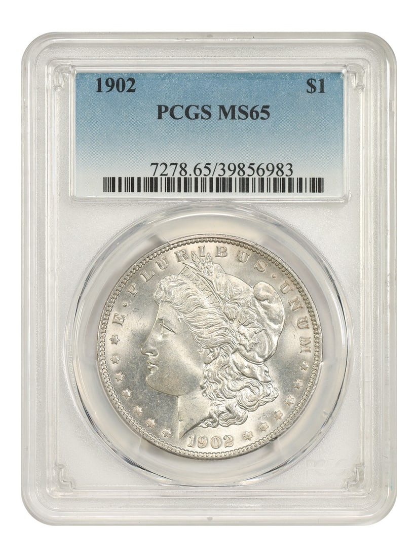 1902 Morgan Dollar PCGS MS65 Philadelphia Mint: 1902 Morgan Dollar PCGS MS65 Philadelphia Mint This 1902 Morgan Dollar is graded MS65 by PCGS and was minted in Philadelphia. It is an uncirculated coin, offering a pleasing and lustrous appearance. T