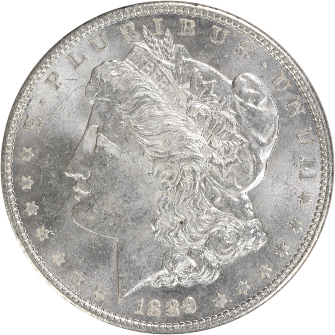 Choice BU 1889 Silver Morgan Dollar Uncertified No Mint Mark: Choice BU 1889 Silver Morgan Dollar Uncertified No Mint Mark This 1889 Morgan Silver Dollar is a Choice Brilliant Uncirculated (BU) coin. Struck in silver, it is an uncertified example with no mint ma