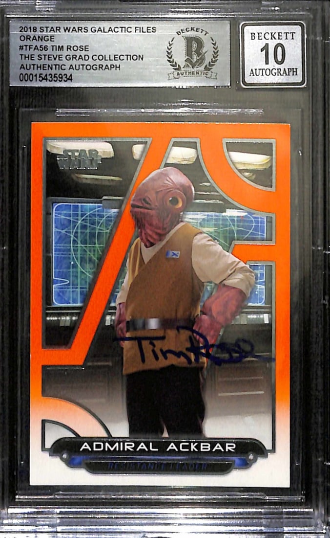 2018 Topps Star Wars Ackbar Signed Card Tim Rose Beckett Auto 10: 2018 Topps Star Wars Ackbar Signed Card Tim Rose Beckett Auto 10 Presenting a remarkable 2018 Topps Star Wars Galactic Files "Orange" card #TFA56 featuring Admiral Ackbar, hand-signed by Tim Rose, the