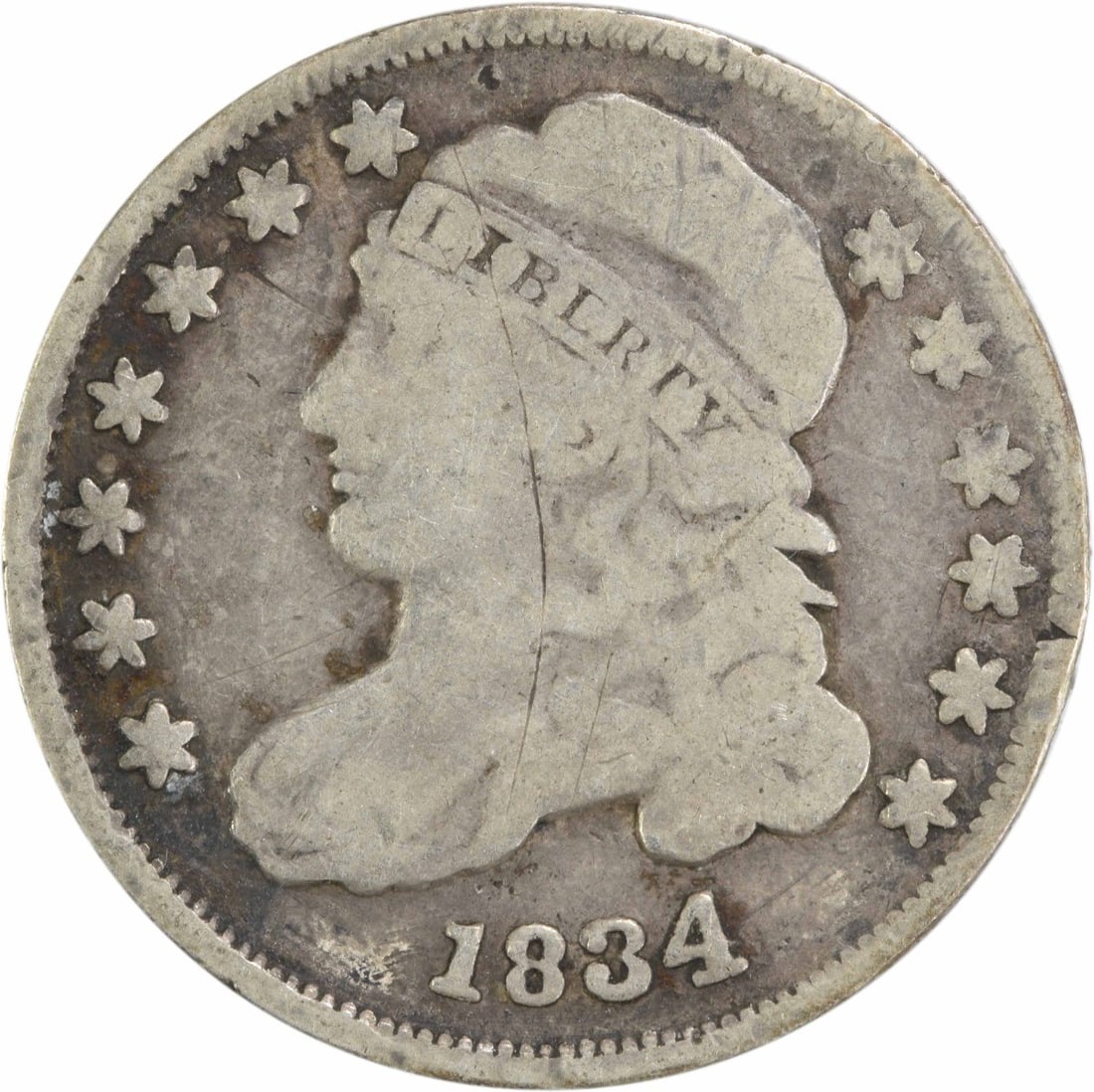 1834 Capped Bust Silver Dime 10C Uncertified Philadelphia Mint: 1834 Capped Bust Silver Dime 10C Uncertified Philadelphia Mint Presenting an 1834 Capped Bust Silver Dime, a classic piece of numismatic history. This coin is circulated and features a grade of Fine (