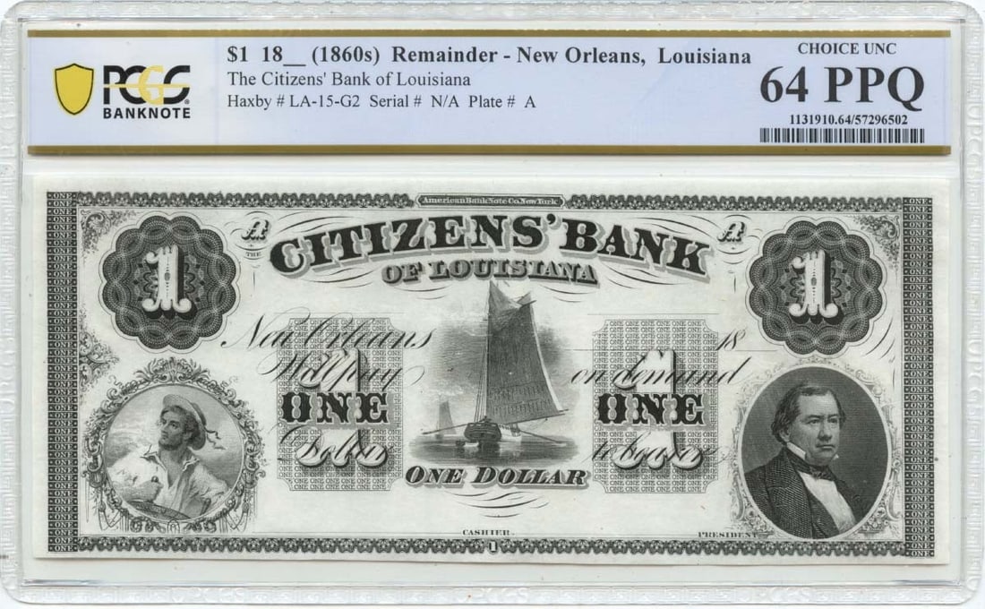 Citizens Bank New Orleans $1 Obsolete Currency PCGS MS64 PPQ: Citizens Bank New Orleans $1 Obsolete Currency PCGS MS64 PPQ This 1860s $1 obsolete note from Citizens Bank of New Orleans, Louisiana, is graded MS64 Choice Uncirculated by PCGS Banknote. The note is 