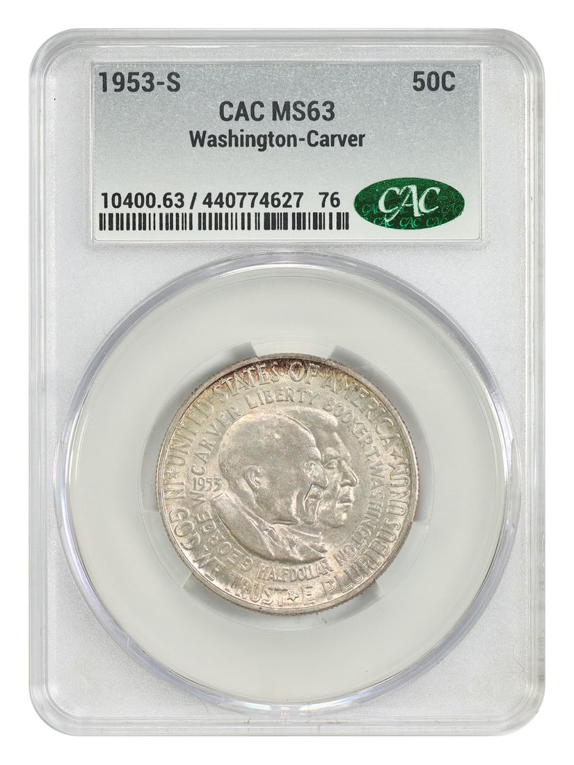 1953 San Francisco Booker T Washington Carver 50C CACG MS63 Silver Commemorative: 1953 San Francisco Booker T Washington Carver 50C CACG MS63 Silver Commemorative This 1953-S 50C Washington-Carver Classic Silver Commemorative coin is certified by CACG with a grade of MS63. Issued b