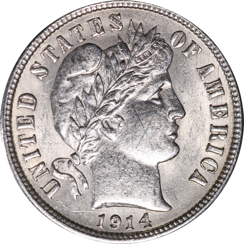 1914 Silver Dime from Philadelphia Barber Series: 1914 Silver Dime from Philadelphia Barber Series This is a 1914-P Barber Dime from the Philadelphia Mint. The coin is composed of silver and is in circulated, pre-owned condition. It is uncertified an