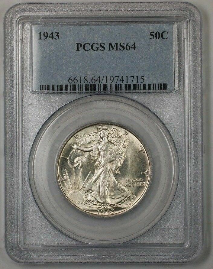PCGS MS64 1943 Walking Liberty Half Dollar Silver: PCGS MS64 1943 Walking Liberty Half Dollar Silver This 1943 Walking Liberty Silver Half Dollar features the iconic design and is composed of silver. Graded MS-64 by PCGS, it is an uncirculated coin or